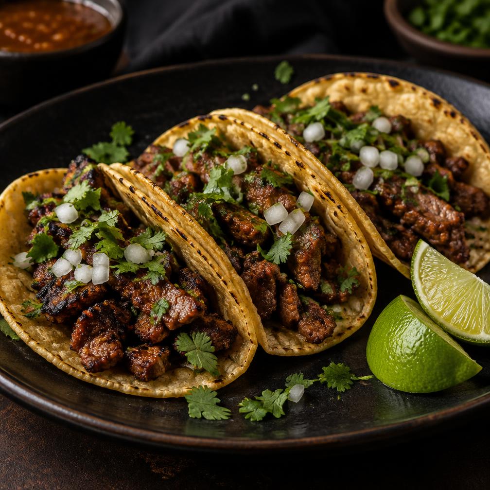 Three street tacos with grilled meat, onion and cilantro on a dark plate