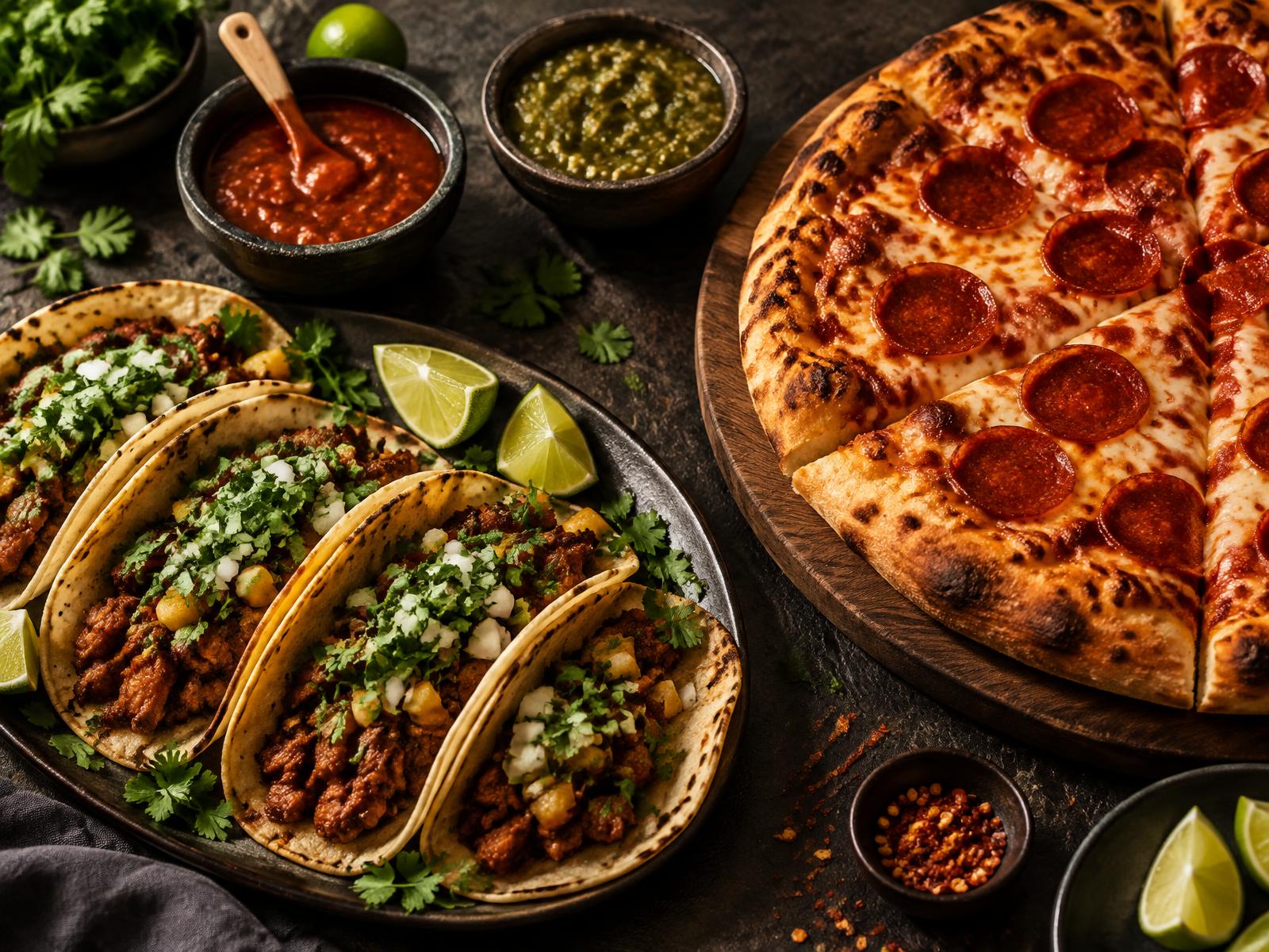 Platter of street tacos next to a pepperoni pizza with red and green salsa